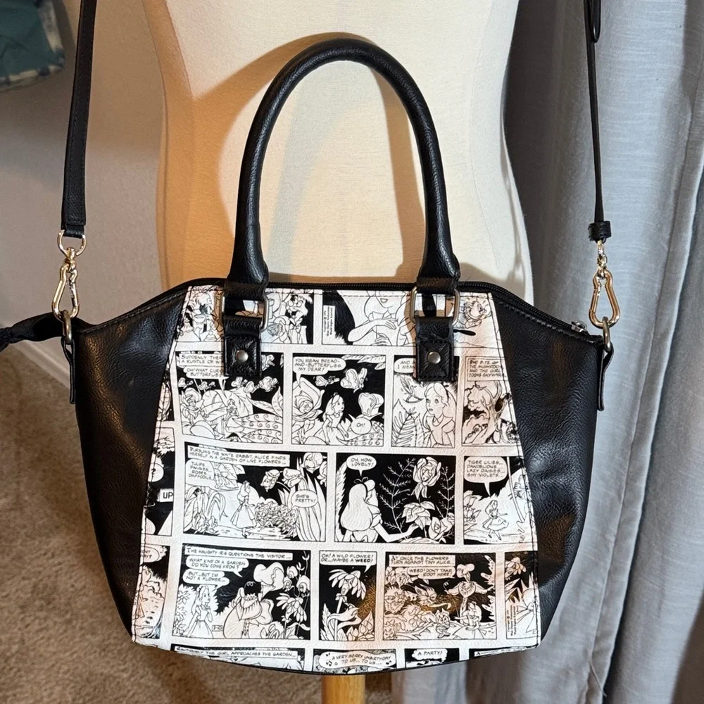 Loungefly Disney Black and White Comic Crossbody Bag, Alice in Wonderland - Picture 10 of 17